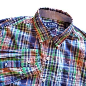 Chaps Mens Easy Care Plaid Button Down Shirt Blue Green Orange Small RN41381